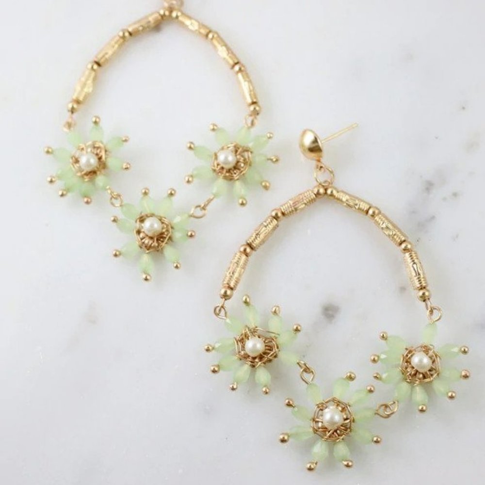 New Boho Beaded Flower Chandelier Drop Earrings Green and Gold Hoops